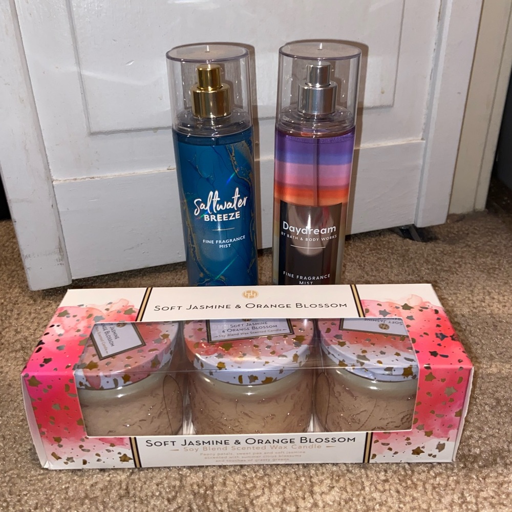 Two Bath and Body Works Fine Mists and Set of 3 Candles